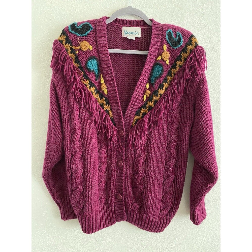 Yasmin Y2K Boho Womens M Cable Knit Purple Cardigan Sweater Fringe Retro H